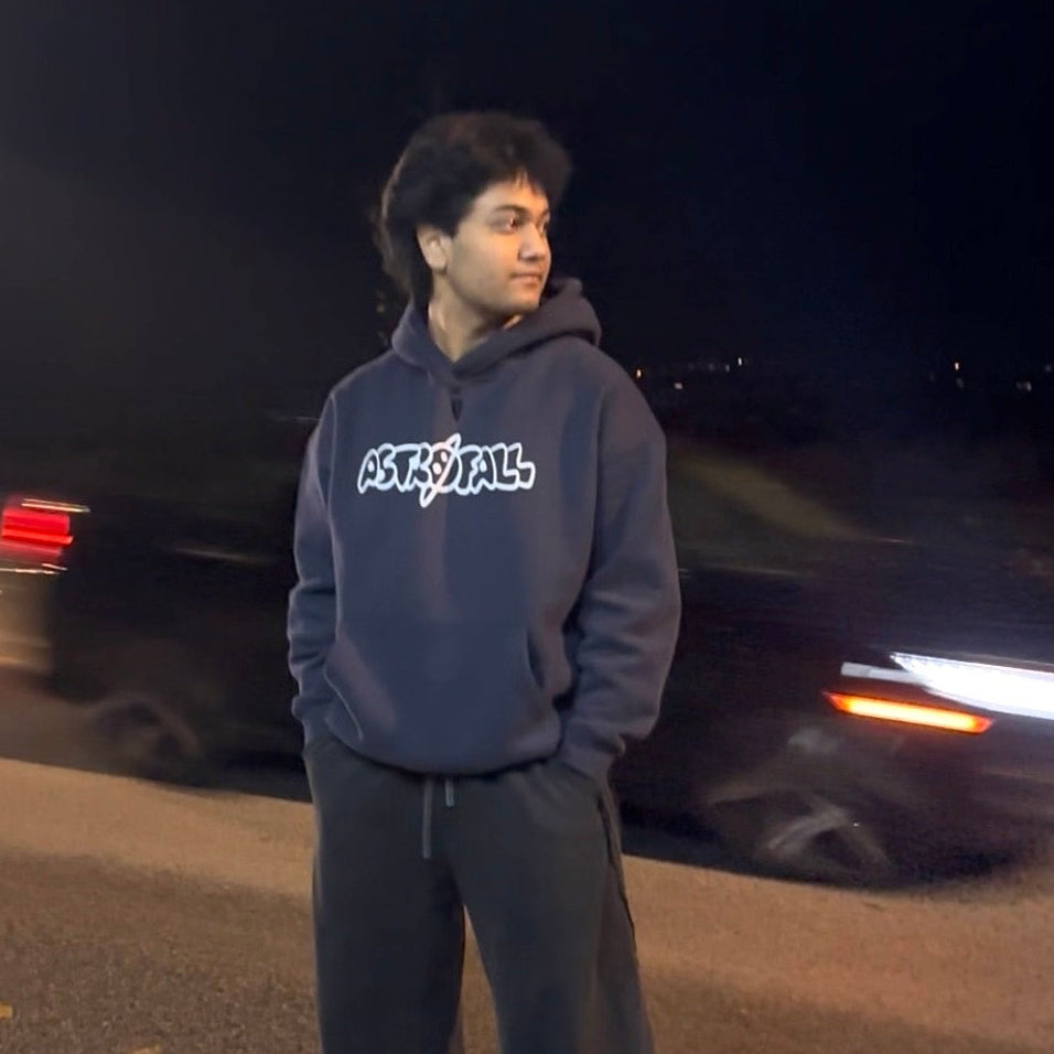 Astrofall bubbly hoodie with a model named Ridhav Nagra