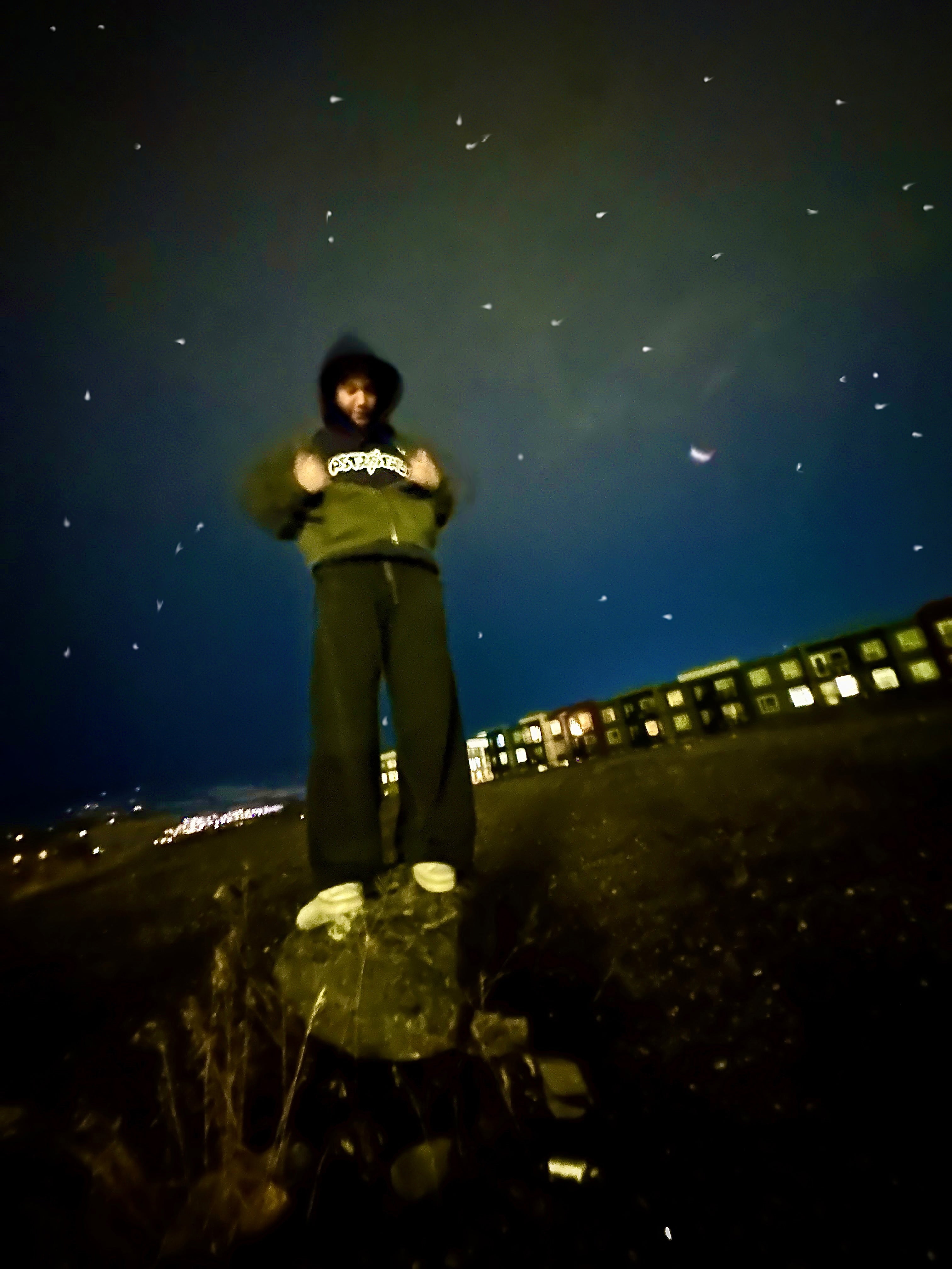 Person standing on a grassy field under a starry night sky with buildings in the background.